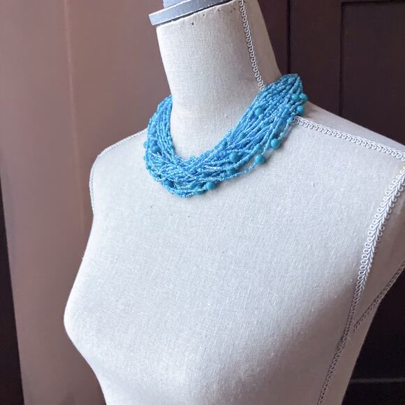 Vintage Multi Strand Blue Statement Glass Station Seed Bead Bib Collar Necklace - Picture 2 of 13